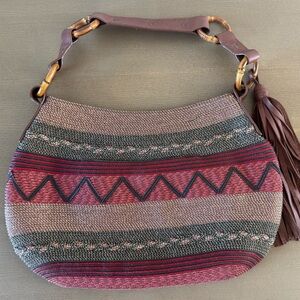 Eric Javits Multicolor Woven Boho Leather Tassel Hobo Bag w/Zipper Closure